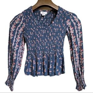 JAPNA WOMEN’S V-NECK LONG SLEEVE RUFFLE FLORAL BLUE TOP‎ SIZE XS